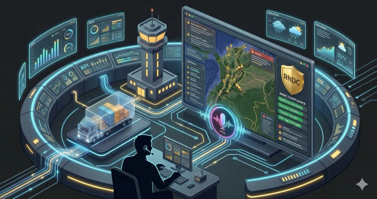Torre de control logística con IA — monitoreo de flota en tiempo real y EMF RNDC Colombia — SmartQuick